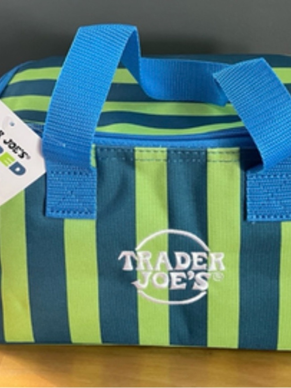 Trader Joe's Striped Tote Bag in Blue and Lime